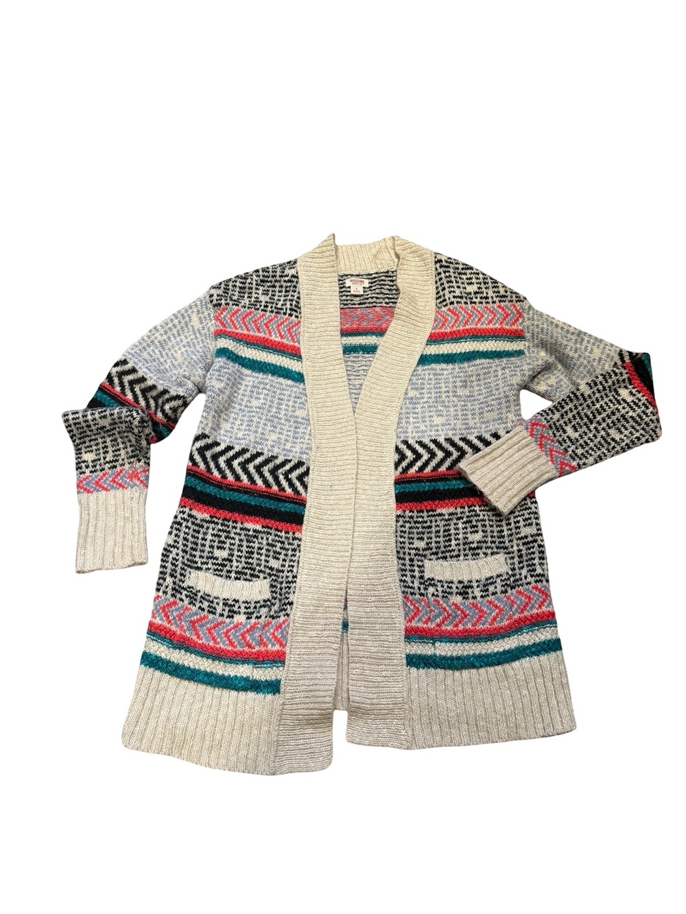 Vintage Mossimo Supply Co. Cream Cardigan with Black, Teal & Coral Pattern
